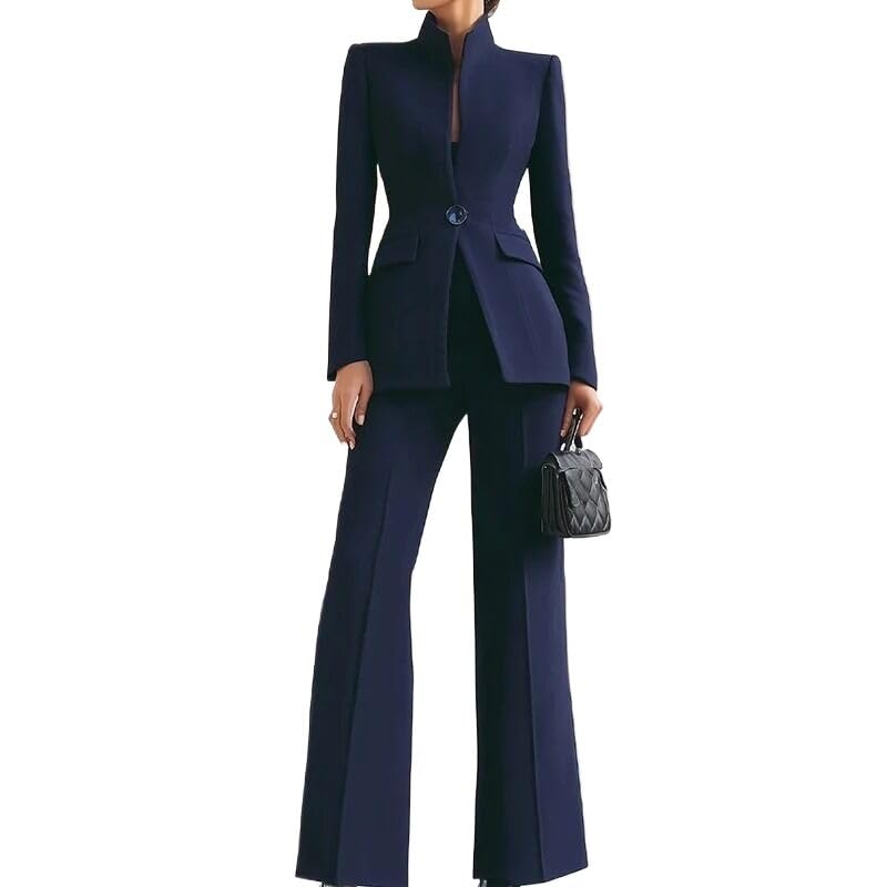 Women Formal Cardigan Blazer Pants Suit Spring Autumn Single Button Set Navy