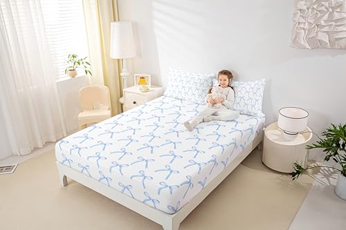 Manfei Cartoon Bowknot Kids Fitted Sheet Twin Size,Bow Tie Knot Geometric Patchwork Fashion Bedding Set,Girls Women Room Decor,Hand-Painted Sketch Blue Noble Bed Sheet,1 Pillowcase(No Flat)