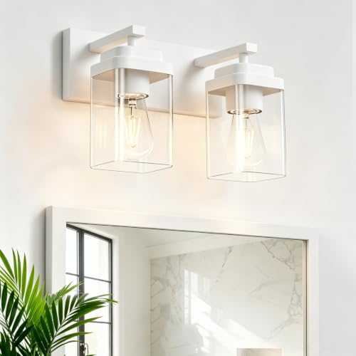 Image of White Bathroom Light Fixtures, 2 Lights Bathroom Lighting Fixtures Over Mirror, Square Design & Rectangle Large Backplate, Modern Vanity Lighting Fixtures, for Bathroom /Living Room /Bedroom