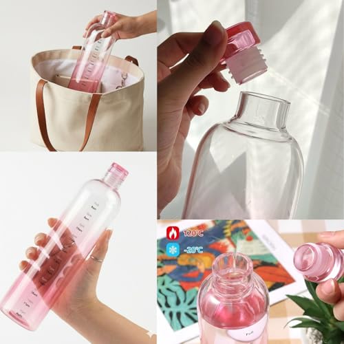 Image of Borosilicate Water Bottles, H2O Fridge Water Bottle with Cap, Leak proof & Airtight Lid, Water Bottle for Office, School, College - 1000ml Bottles with Time Marker (Pink)