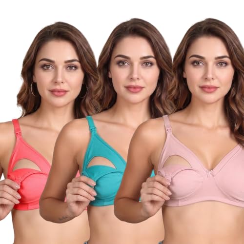 Image of Celary Womens Multicolor Cotton Maternity Nursing Bra | Wirefree Cotton Feeding Bra for Pregnancy & Breastfeeding | Soft Comfortable with Easy Clip Access (Pack of 3)
