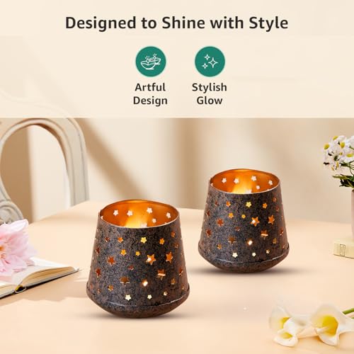 Image of Amazon Brand - Solimo Tea Light Votive - Tapered Star Design, Brown Antique Iron with Gold Interior, Set of 4 (Size: 7 LXBXH)