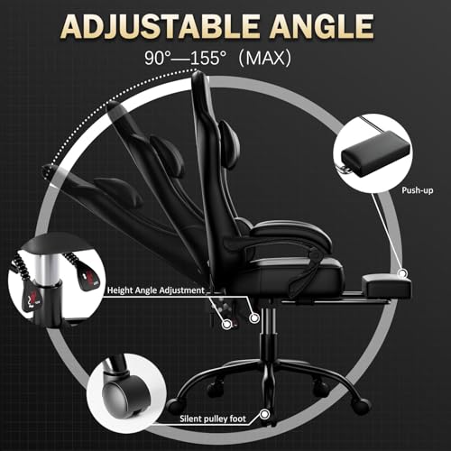 HOTOSYCH Sillas Gaming con Reposapies, Silla Gamer Adulto con Respaldo Lumbar, Silla Escritorio Gaming Ajustable en Altura, Silla Ordenador en Piel Sintética (Negro) - imagen 6