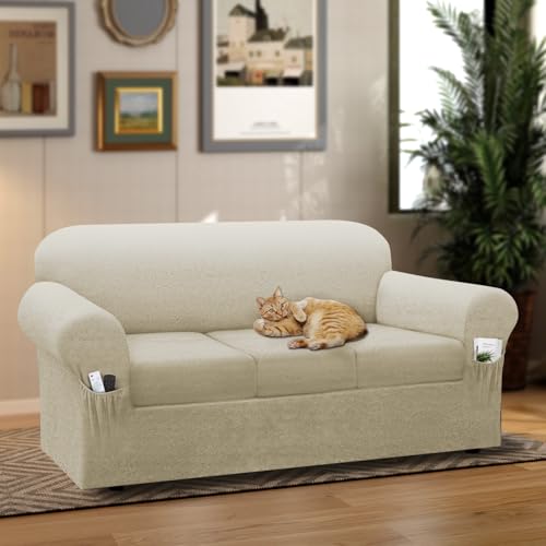 Sofa Slipcover with Armrest Pockets 4-Piece Set, Stretch Faux Leather Couch Cover for 3-Cushion Couches(Fits 72-92") - Non-Slip, Machine Washable, Pet & Kid Friendly - Beige - Image 3