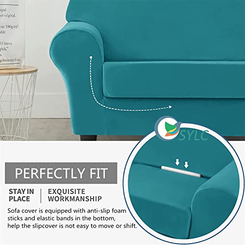 Housse de canapé velours extensible turquoise pour rénover un fauteuil abîmé - 5