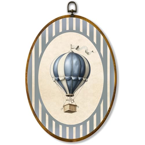 zewepri Hot Air Balloon Oval Canvas Wall Art, Rustic Sky Nursery Decor