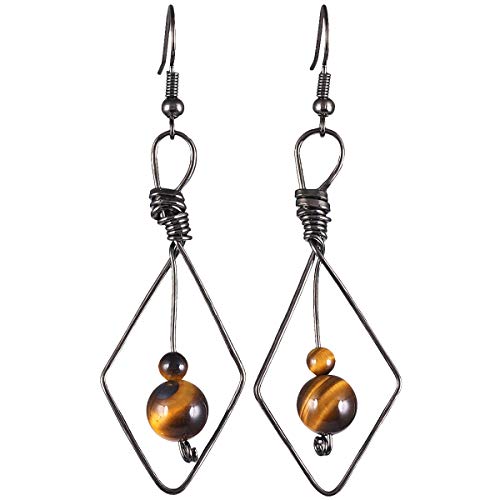 Sunyik Rhombus Shaped Dangle Drop Earrings For Women, Handmade Wire Wrapped Healing Crystal Stone Beads Jewelry, Tiger's Eye #TOP22