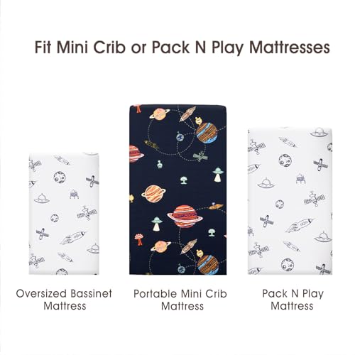 Image of PHF Soft Mini Crib Sheet Set, 2 Pack Silky Comfy Pack N Play Sheets for Boys Girls, Universal Fit for Pack N Play, Playard and Mini Crib Mattresses, Space