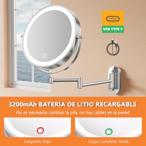 Miniatura 5 de Auxmir Espejo Maquillaje Con Luz Pared Aumento 1x 30x Recargable 3200mah Doble Cara Giratorio 360, Espejo Baño Brazo Extensible Táctil Usb, 3 Colores Brillo Regulable, Plata