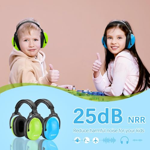 Image of ZOHAN Kids Ear Protection 2 Pack, 25dB NRR Noise Cancelling Headphones for Kids, with Pillowy Pads, for Monster Truck, School, Autism, Sensory, Fireworks, Concerts, Events (Blue+Green)