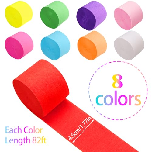 8 Rolls 656ft Crepe Paper Streamers,8 Colors Neon Streamers for Rainbow Party Birthday Decorations Streamers Wedding Ceremony Christmas Halloween Indoor Decoration