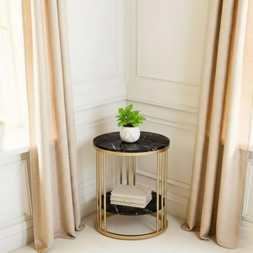 Image of Modern Coffee Table Metal Side Table with Marble Finish Top | 2-Tier Round End Table for Living Room & Bedroom (Black & Gold)