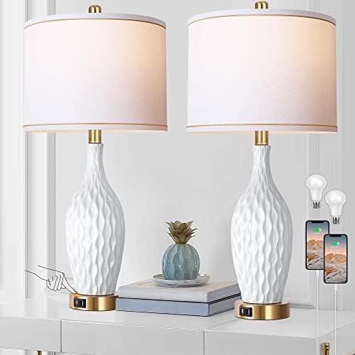 Vpazg Table Lamp Set of 2, 3-way Dimmable Touch Control Gold Bedside Lamps with USB ports, 27inch Tall Modern Ceramic Vase Brass Nightstand Lamp for Bedroom Living Room White Linen Shade Bulb Included