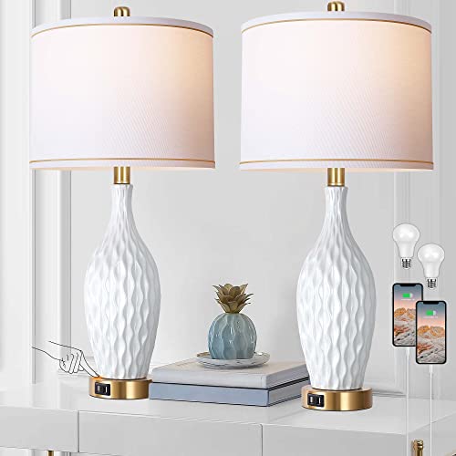 Vpazg Table Lamp Set Of 2, 3-Way Dimmable Touch Control Gold Bedside Lamps With Usb Ports, 27Inch Tall Modern Ceramic Vase Brass Nightstand Lamp For Bedroom Living Room White Linen Shade Bulb Included #TOP16