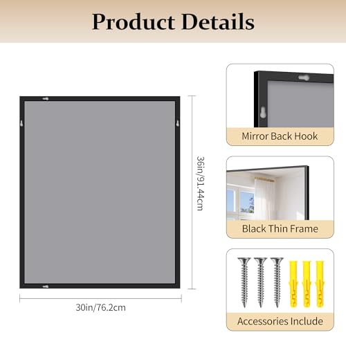 Image of COFENY Black Bathroom Mirror for Wall, 30x36 Inch Rectangle With Metal Frame, Modern Vanity for Bathroom Living Room, Entryway Hangs Horizontal or Vertical