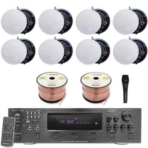 Image of Vaiyer Home Theater Sound System Kit - 6 Channel 6000 W Bluetooth Amplifier, 8 Qty of 8 inch Frameless Ceiling Speakers 300 W Each, Mic, 500 ft Speaker Wire & Remote for Home, Office, Restaurant