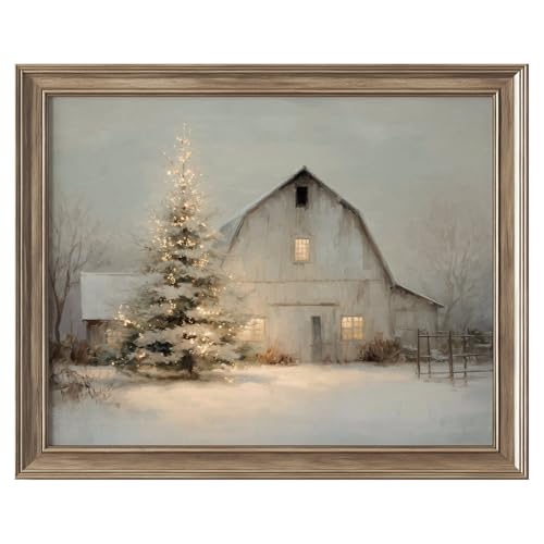 Farmhouse Christmas Barn Wall Art Print, Rustic Winter Snow Scene with Lit Tree Painting, Cozy Holiday Farmhouse Decor Artwork, Vintage Country Christmas Landscape Print (11X14 Inch-Unframed)