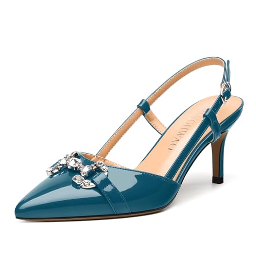 Women's Slingback Pumps, Pointed Toe Mid Heel Shoes for Women, Adjustable Buckle Fashion Solid Patent Pump for Party Dating Working