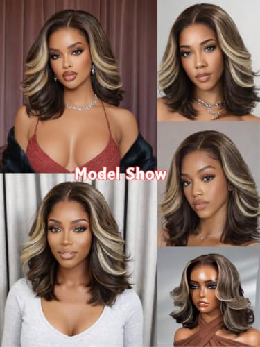 Image of Beauty Forever Bob Wig Human Hair Dark Brown with Honey Blonde Highlights 13x4 HD Lace Glueless Wig,Layered Wavy Short Bob with Drawstring,Pre Cut Plucked Bye Bye Knots,150% Density Ready to Go 12inch