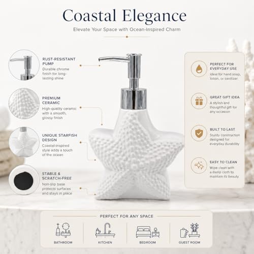 Image of Whizzo Ceramic Starfish Design Liquid Soap Dispenser for Bathroom & Kitchen - Premium Ocean Theme Lotion Bottle with Chrome Pump, White Finish (420ML, LD-212, Design 1)