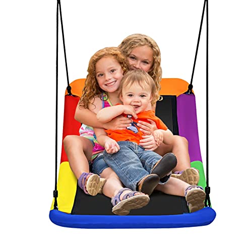 GYMAX Nest Swing, Square Kids Swings with Adjustable Hanging Ropes, Outdoor Tree Swing Seat for Garden Backyard, Holds Up to 300kg (Colorful)