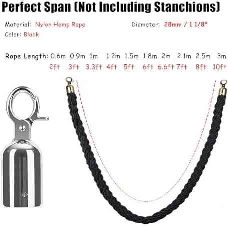 2pcs Black Twisted Queue Barrier Rope - 1.5m (5ft) Nylon Hemp Stanchion Rope for Crowd Control, Weddings, Events, Outdoor, Durable and Stylish