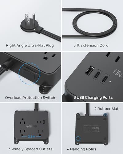 Image of TROND Flat Plug Power Strip, 3FT Short Extension Cord with 3 AC Outlets