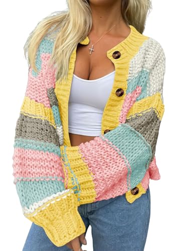 ebossy Women's Striped Chunky Sweaters Lantern Sleeve Button Down Color Block Cropped Cardigan 2025 Fall Outfits