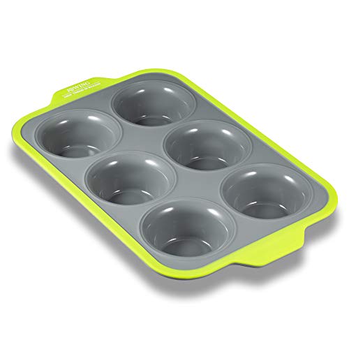 Jxwing 6 Cups Non-Stick Silicone Cupcake Baking Pan With Ergonomics Grips, Premium Stainless Steel Core Muffin Pan, Green #TOP3