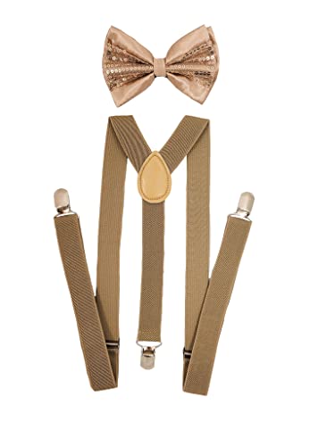 2 Brothers Unlimited Inc MENS WOMENS FASHION CHAMPAGNE KHAKI PRE-TIED BOW TIE AND SUSPENDER SETS (Dark Champagne/Khaki Suspender)