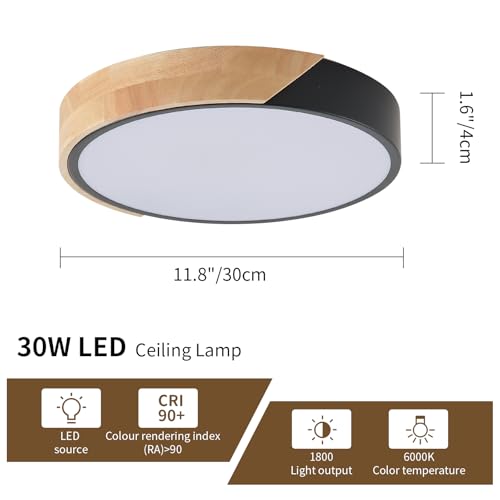 LuFun Modern LED Ceiling Light, 2 Pack Wood Flush Mount Ceiling Lights, LED Kitchen Lights Hallway Light Fixtures for Bedroom Laundry Room (Black,11.8",6000K) by LuFun - Image 2
