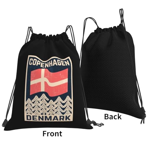 Danish-Flag-Copenhagen-Denmark-Retro- Drawstring Bags, Lightweight Gym Sack with Adjustable Cord, Water-Resistant Sports Backpack for Men Women, Travel, Yoga, College (Black)3
