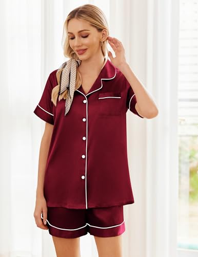 Image of Ekouaer Womens Silk Satin Pajama Sets Soft Short Sleeve Button Down Sleepwear Top and Shorts 2 Piece Pjs Lounge Set