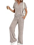 Trendy Queen 2 Piece Lounge Sets for Women Summer 2026 Fashion Pajamas Sets Two Piece Sweatsuit Pjs Loungewear Matching Airport Vacation Travel Outfits Clothes Khaki M