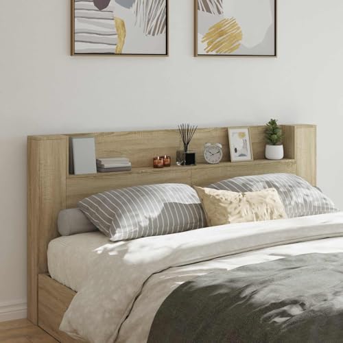 Sonoma Oak Headboard, 200x16.5x103.5 cm Engineered Wood Bed Head with LED Lights, Storage Shelf, King/Queen Bed Headboard