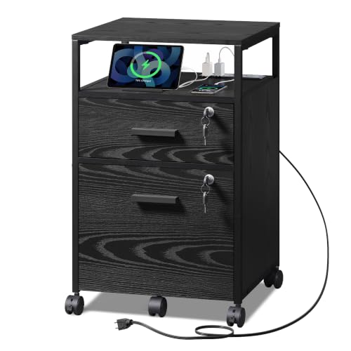 DEVAISE 2 Drawer File Cabinet with Lock and Charging Station