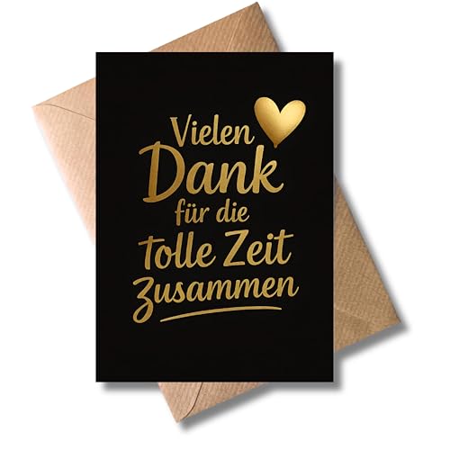 WBdesignz Herzliche Dankeskarte mit Umschlag - „Vielen Dank für die tolle Zeit zusammen“ goldener Spruch & Herz auf schwarzem Hintergrund - Dankeschönkarte für Kolleginnen, Freunde & Familie (DIN A6)