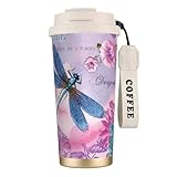 MBCbjg Isolierter Kaffeebecher aus 316 Edelstahl, mit rosa Blume und blauem Libellen-Druck, hält heiß und kalt