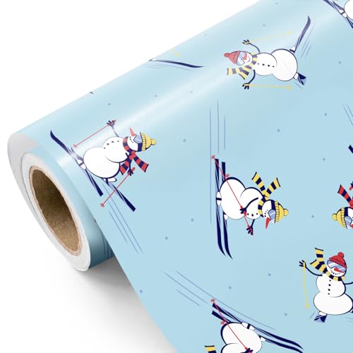 WRAPAHOLIC Blue Christmas Wrapping Paper Roll - Mini Roll - 17 Inch x 16.5 Feet - Skiing Snowman Wrapping Paper for Christmas Holiday, Party Celebration