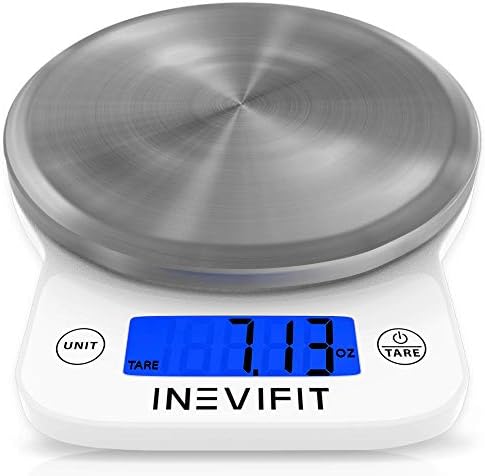INEVIFIT DIGITAL KITCHEN SCALE, Highly Accurate Multifunction Food Scale 13 lbs 6kgs Max, Clean Modern White with Premium Stainless Steel Finish. Includes Batteries & 5-Year Warranty