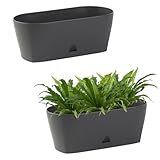 Engelland - 2 x Blumenkasten mit Untersetzer, Anthrazit, Balkonkasten, Pflanztopf, 25 cm, Tischdeko, für Garten, Terrasse, Fensterbank, mit Wasserauffangschale, Innen- & Außenbereich, 1,7 Liter