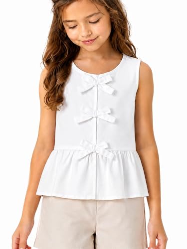 Image of Girls Sleeveless Tank Tops Striped Shirts Peplum Babydoll Top | Bowknot Summer Blouse for Beach Vacation