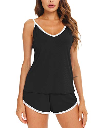 Maysoar Womens Pajama Short Sets Cami Lace Trim Striped Pj Set Pajamas For Women Shorts(Black,S) #TOP1