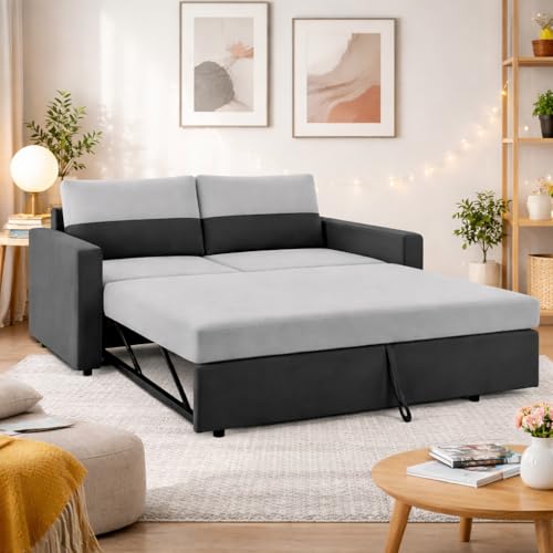 Image of SOCOZI Enrique 2-Seater Pull-Out Sofa Cum Bed | Soft Velvet Suede Fabric, Convertible Sofa Bed for Bedroom (Dark Grey-Light Grey)