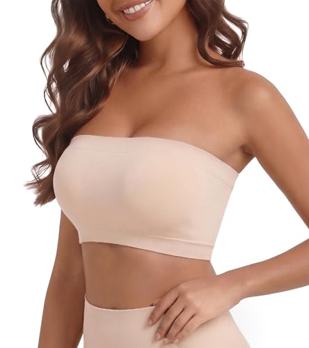 Lynclare Strapless Bras for Women Tube Tops for Women Bandeau Bra Crop Top Smooth Non-Padded Beige L