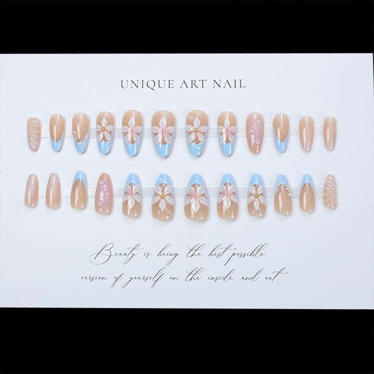 Flower Press On Nails Medium Square Gold Pearl Star Nude Pink_voghion.com