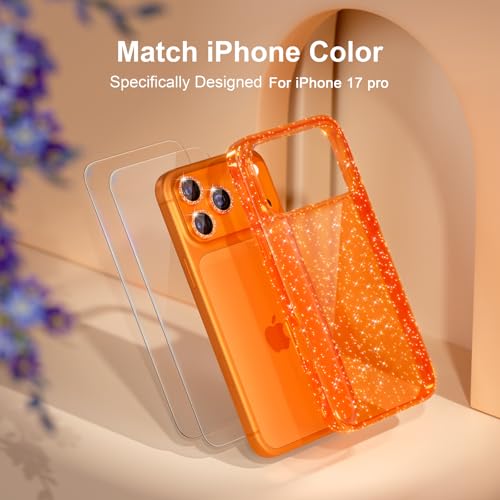 Choiche Compatible for iPhone 17 Pro Case, Women Cute Clear Glitter Bling Sparkly Case, [3 x Diamond Camera Lens Protectors] [2 x Tempered Glass Screen Protectors] 6.3-inch (Glitter Orange) by Choiche - Image 7