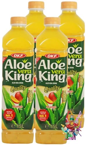 yoaxia 4er Pack - Aloe Vera King Getränk MANGO Geschmack mit 30% Aloe [ 4x 1,5 Liter ] | Aloe Vera Drink inkl. €1,00 Einwegpfand + ein kleiner Glücksanhänger gratis