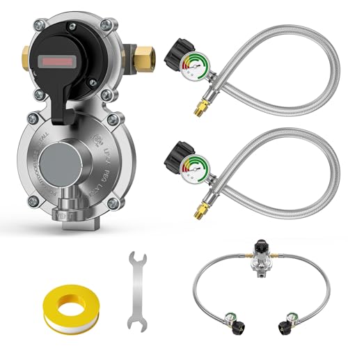 GasXpert 2 Tank-2-Stage Auto Changeover LP Propane Regulator Includes 18' Pigtail Propane Hoses with Gauge, Stainless Braided Hose QCC1 1/4' Inverted Male Flare, 3/8' NPT Female Outer for RV Trailer