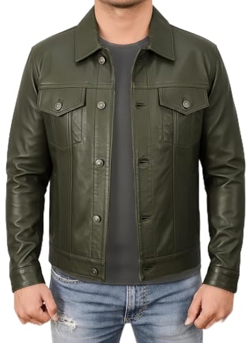 Image of Leather Trucker Jacket Men - Real Lambskin Shirt Style Vintage Fashion Mens Leather Jacket